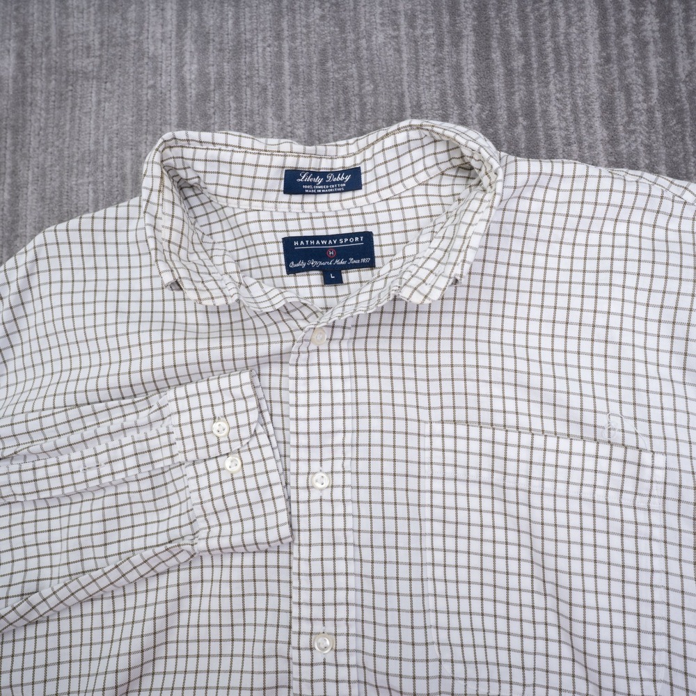 Hathaway Sport Mens Liberty Dobby Button Down Shirt Large Green White Grid Check